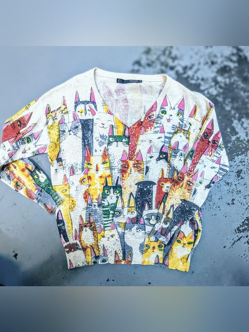 NESS All Over Cat Print Oversized Sweater Men's S Women's M